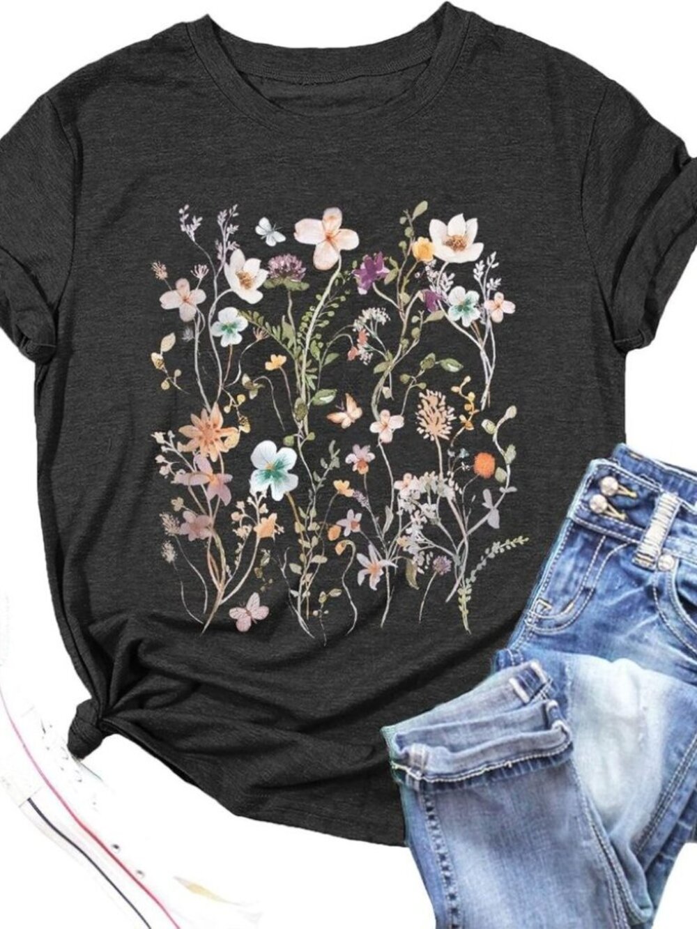Women Grey Flower T Shirt Vintage Floral Graphic Shirt Garden Lover Top